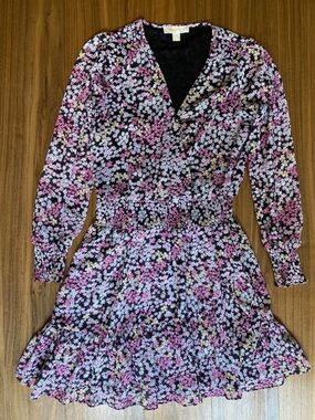 Floral Wrap-Style Mini Dress in Black, Pink & White